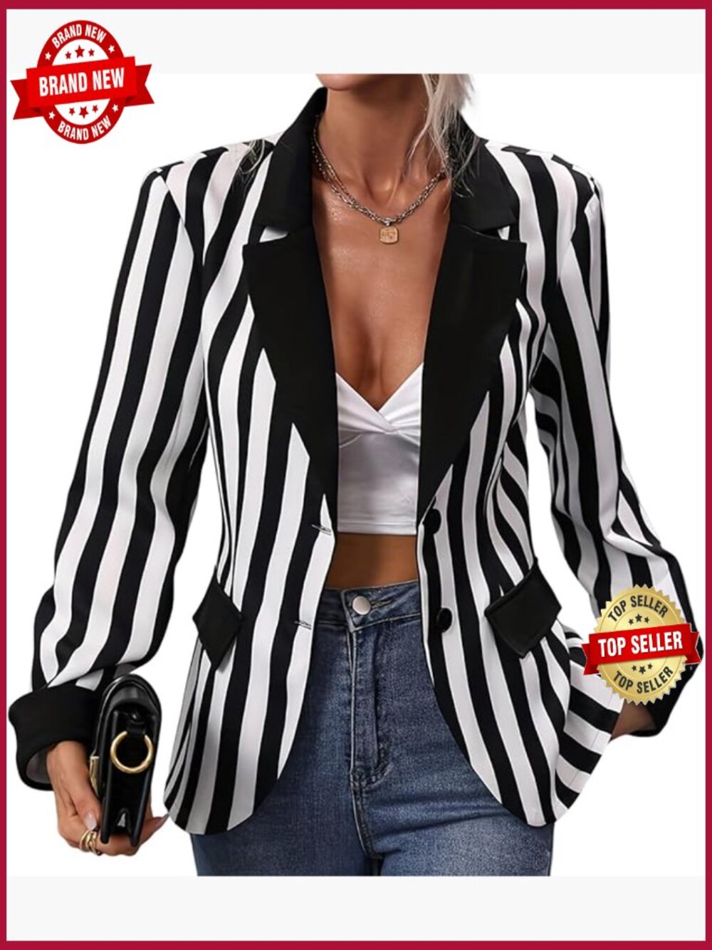 Striped Long Sleeve Blazer with Notch Lapel and Button Closure